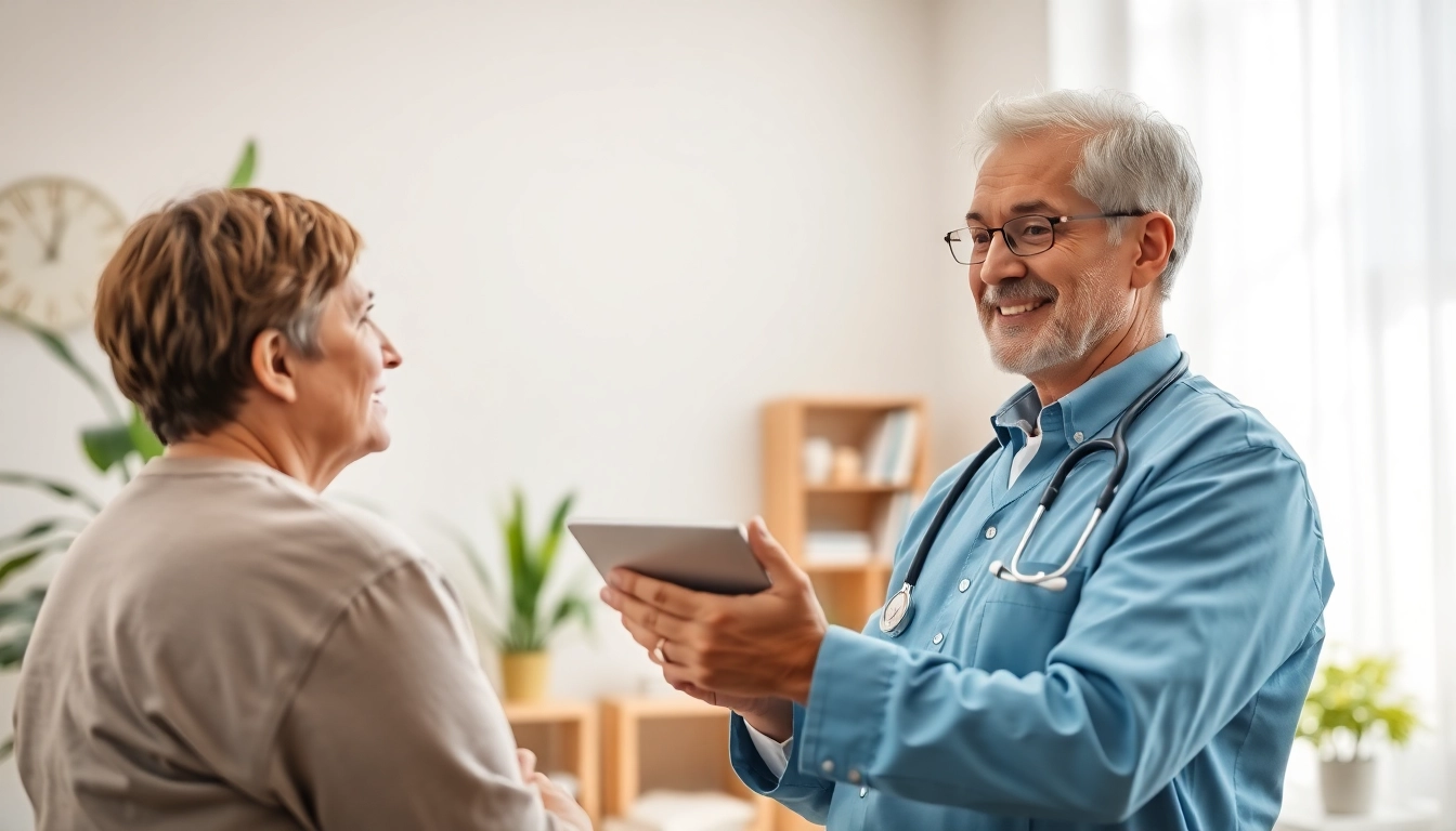 Patient receiving guidance on obtaining a Medical card online in a bright office.