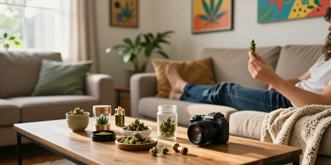 Relaxing afternoon with weed shake for sale, person enjoying a joint in a cozy setting.