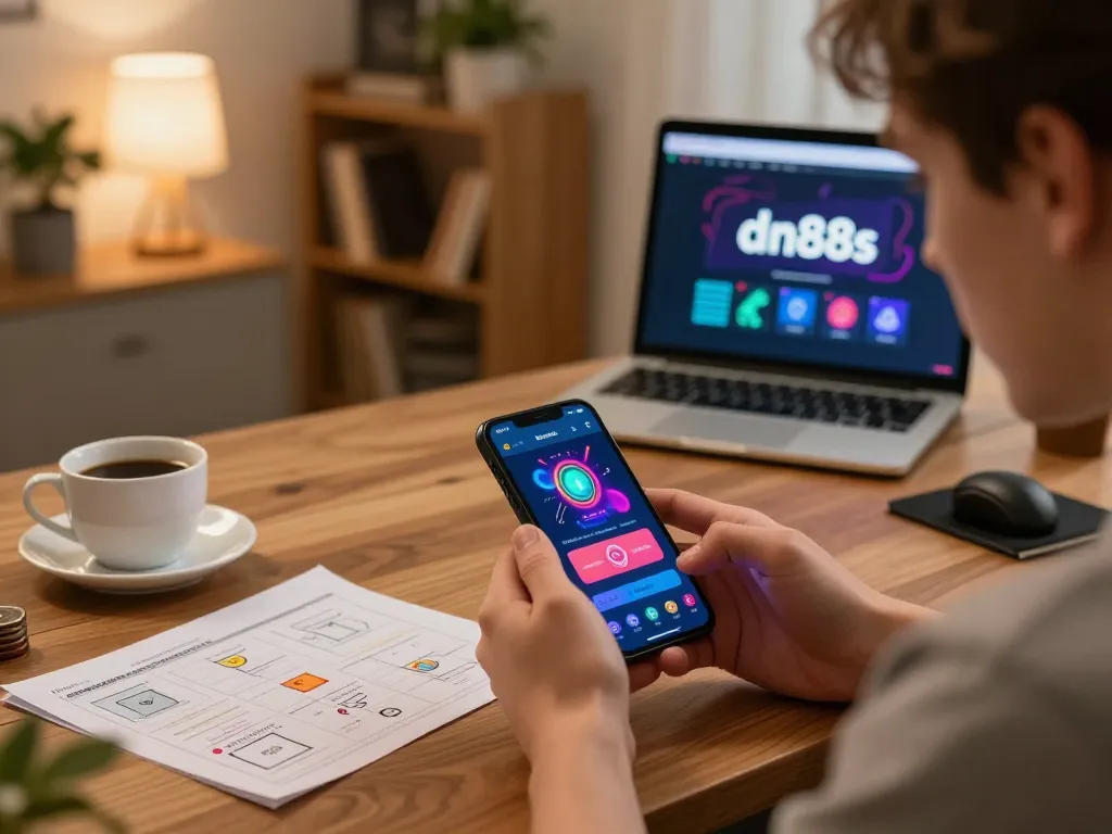 Engaging with dn88s app on smartphone, showcasing a dynamic online gambling experience in a cozy home office.
