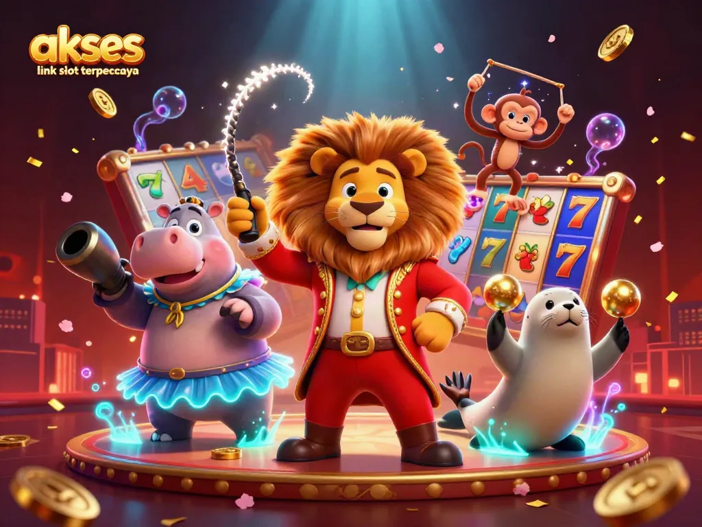 Mengakses link slot terpercaya melalui ilustasi kasino digital penuh warna dengan karakter yang menarik.