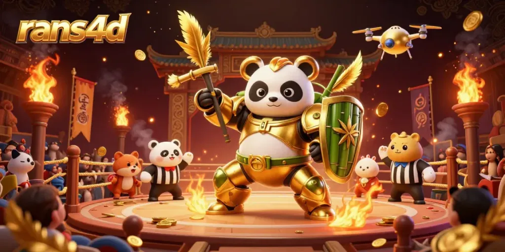 Aksi bermain togel di rans4d dengan panda emas dalam robot tempur yang seru, dikelilingi penonton hewan.