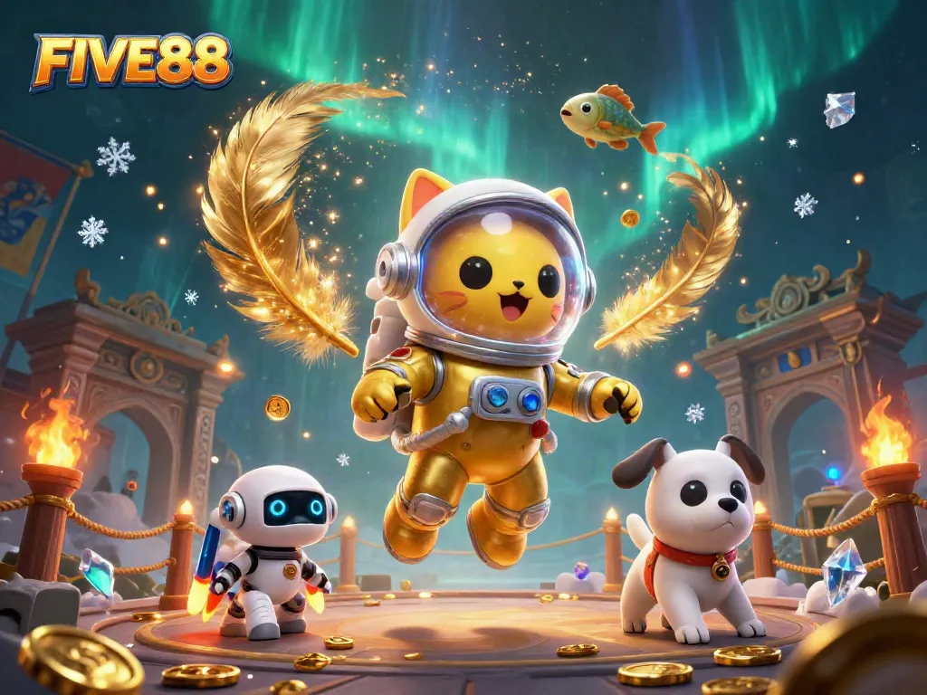 Experience thrilling gaming action with FIVE88 as a cat astronaut and robot dog interact in a vibrant casino universe.