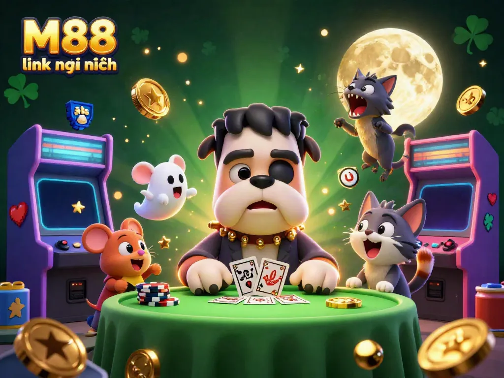 Hình ảnh không gian sòng bạc 3D đầy màu sắc với chủ đề M88 link mới nhất, thu hút người chơi.