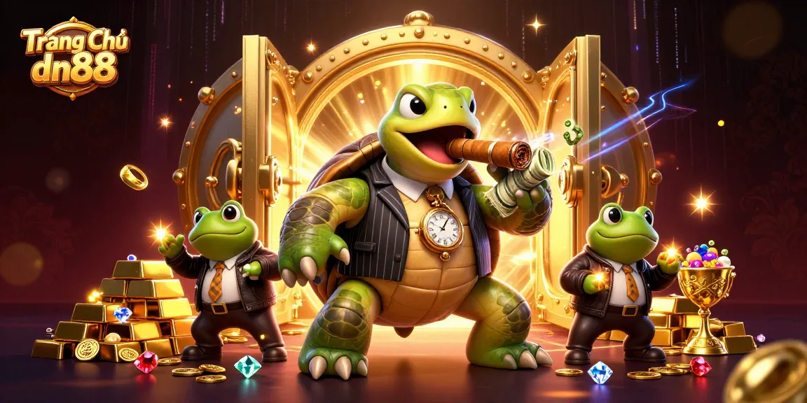Experience excitement at Trang Chủ dn88 with a dynamic casino scene featuring a turtle in a gangster suit.