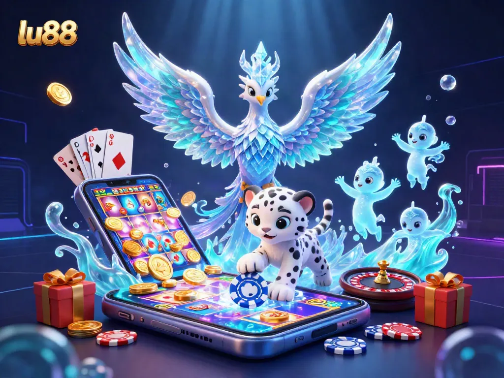 Play exhilarating games at lu88, a vibrant 3D scene showing an ice phoenix, snow leopard, and animated slots.