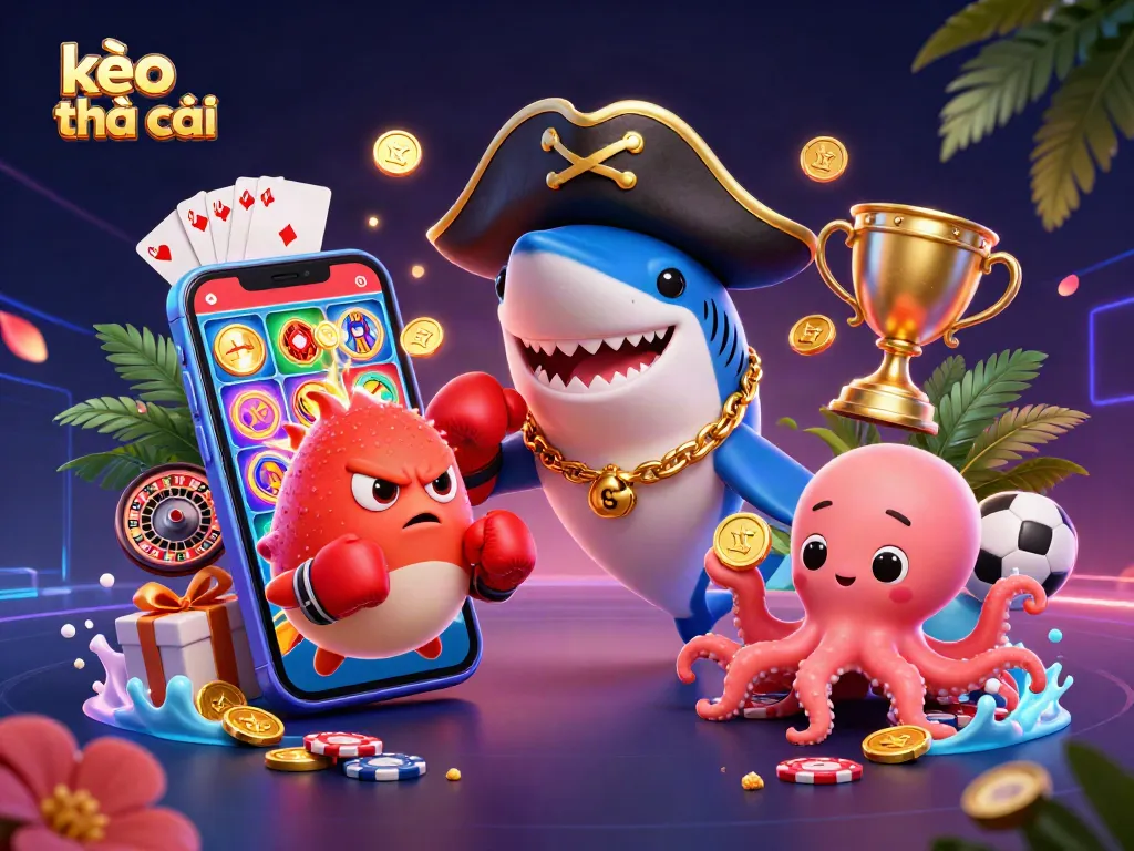 Engage with kèo nhà cái as a playful shark, pufferfish, and octopus celebrate sports betting excitement.