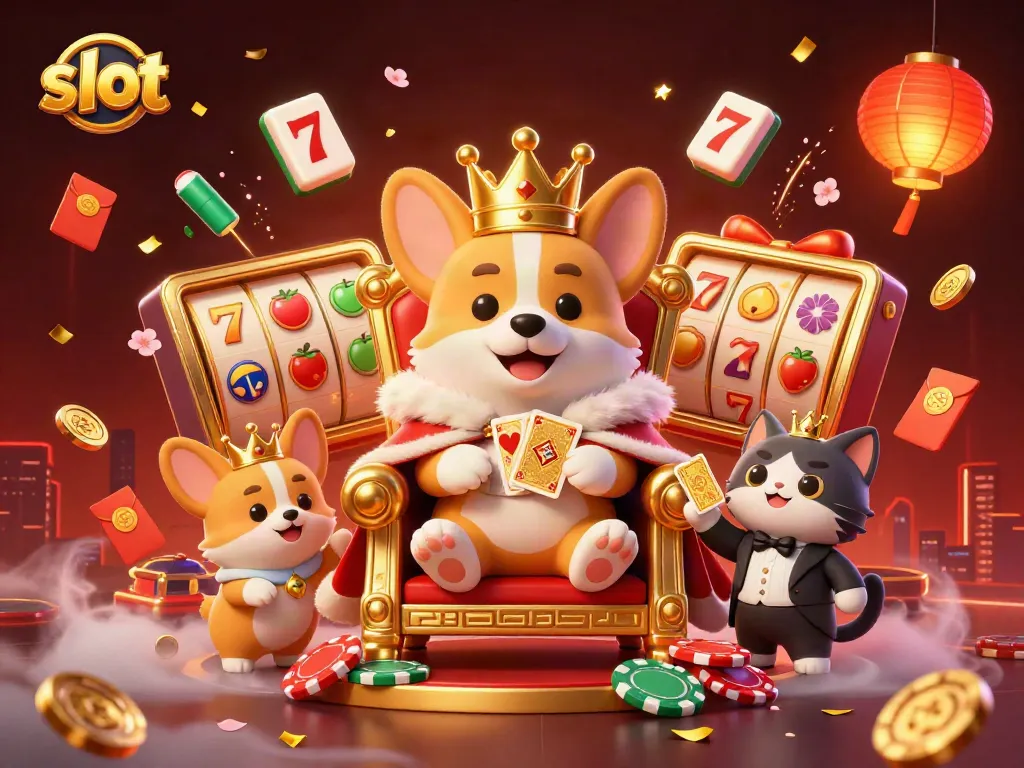 Win big with slots featuring a royal corgi, surrounded by lively gambling elements.