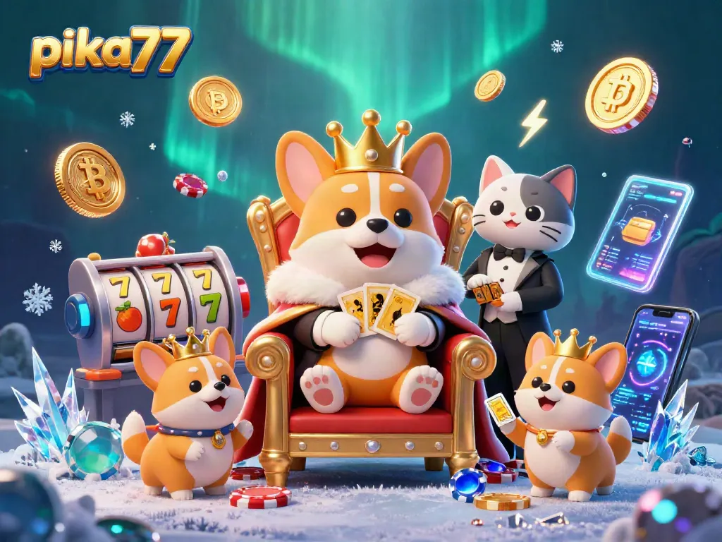 Experience the excitement at pika77 with a royal corgi on its throne and jackpot symbols.