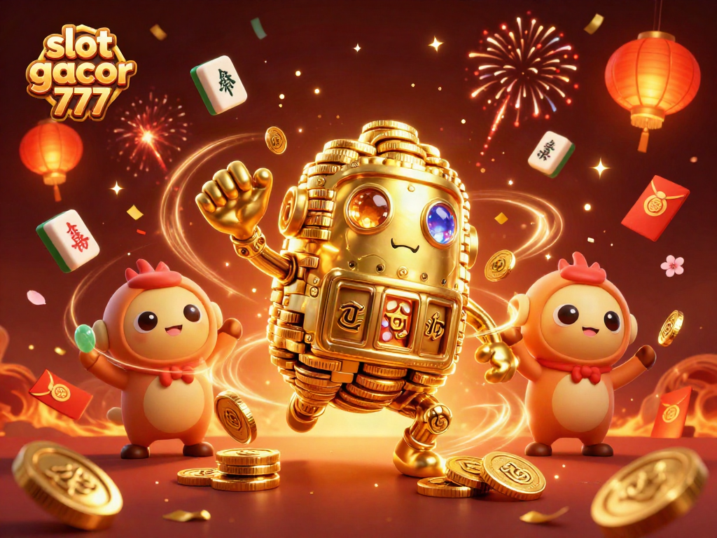 Slot gacor 777 menghidupkan permainan dengan simbol mesin slot dan koin emas berkilau.