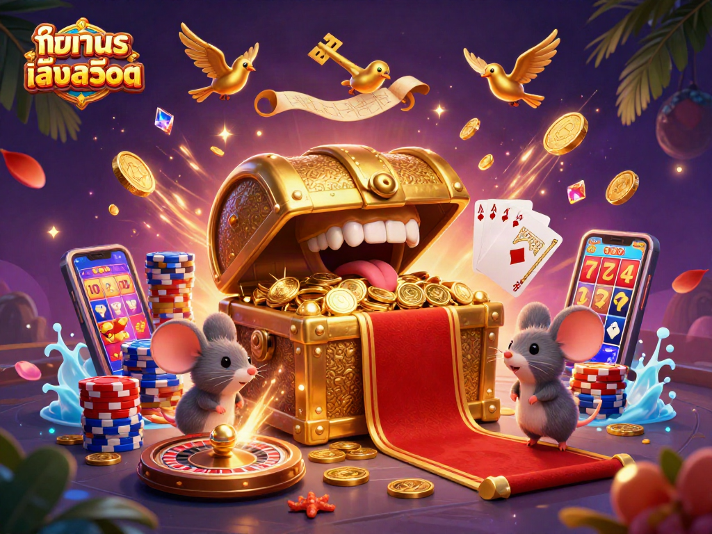Try your luck with ทดลองเล่นสล็อต in a vibrant casino scene featuring treasure and excitement.