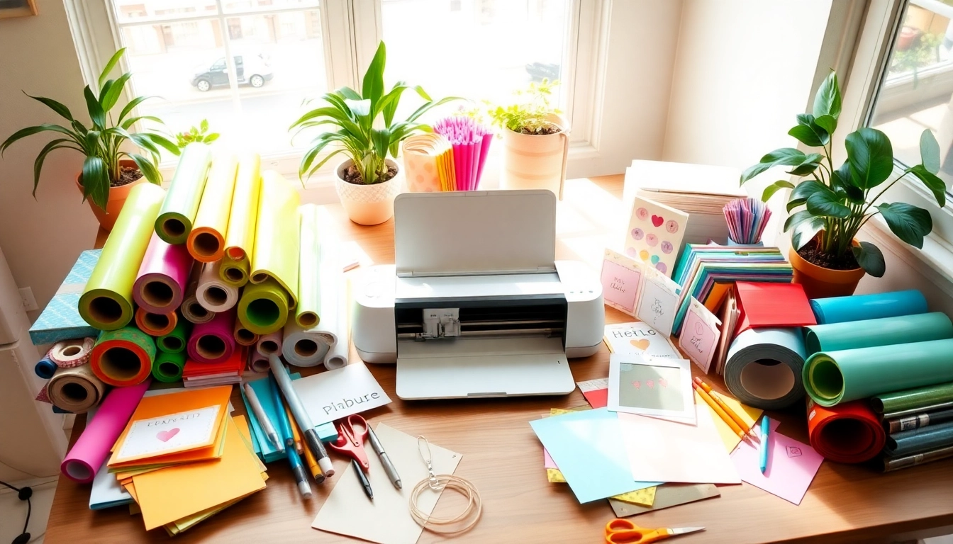 Cricut for beginners workspace showing colorful materials, a Cricut machine, and completed projects.