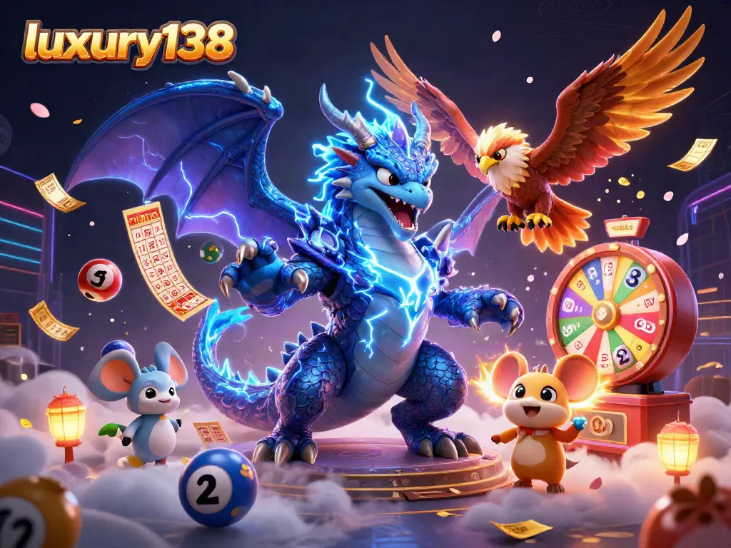 Engage with luxury138 through vibrant lottery and gaming elements in an exciting digital display.