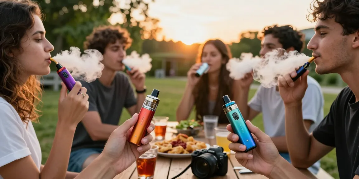 Group of friends enjoying Hayati promax vapes at outdoor gathering with sunset light