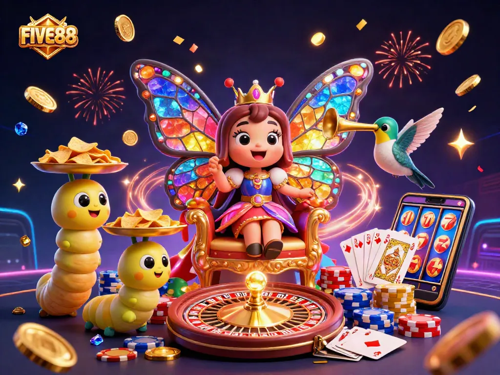 Experience the excitement of FIVE88 with a vibrant casino-themed illustration featuring the butterfly queen amidst gold coins and game elements.