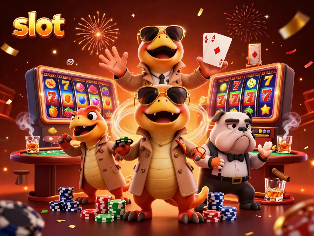 Raptor berpenampilan unik mencoba memasuki lounge VIP dengan slot dan jackpot bersinar di sekitarnya.