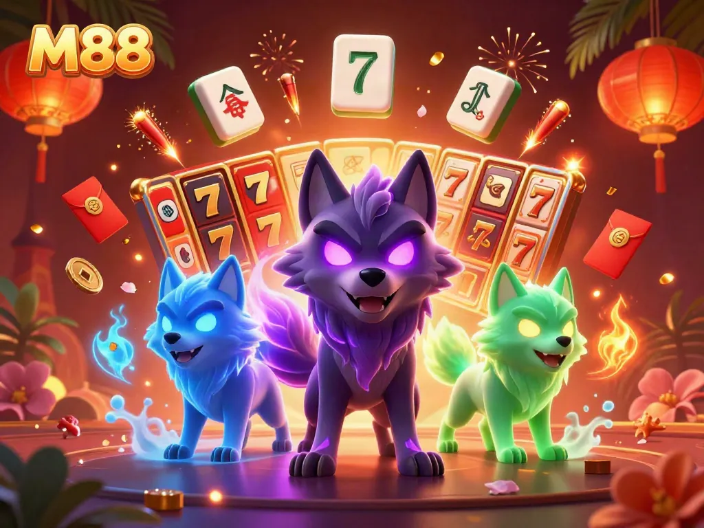 Experience the excitement of M88 with glowing wolves, colorful casino elements, and vibrant settings.