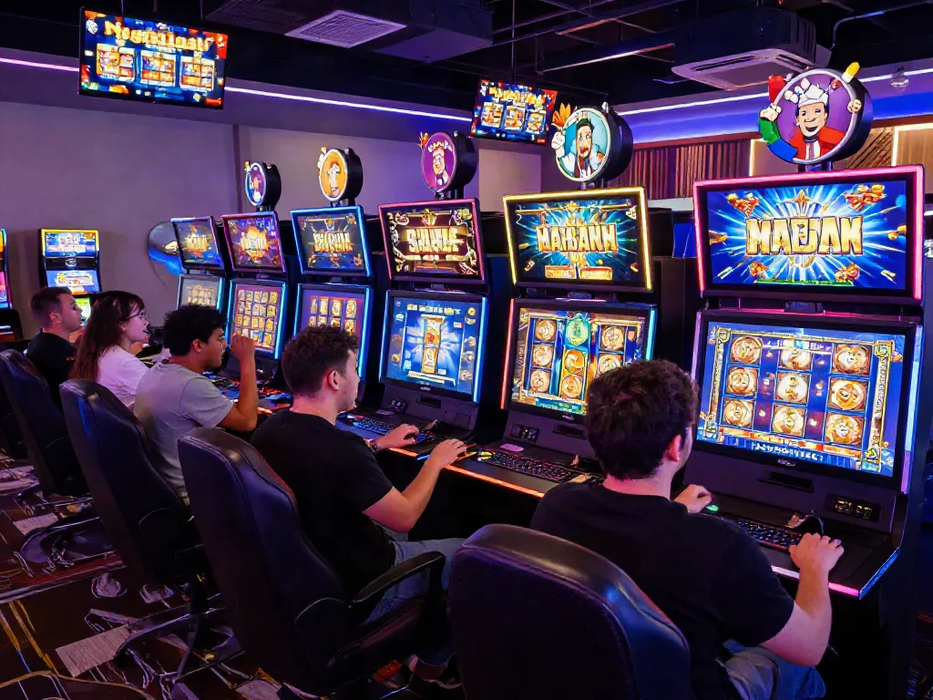 Players enjoying an exciting slot gaming experience with colorful machines and a vibrant atmosphere