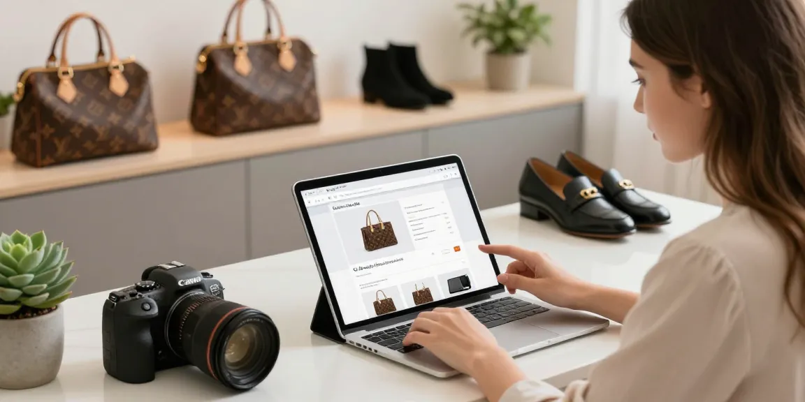 Fashionable woman exploring high-quality 명품 레플리카 on stylish tablet, embodying luxury shopping experience.