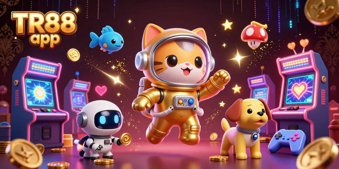 Engage with the TR88 app showcasing a cat astronaut and robotic companion in a dynamic casino scene.