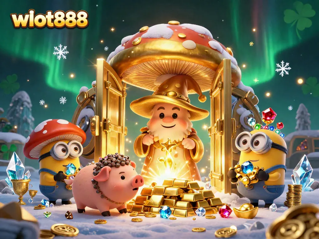 Slot gacor di WSLOT888 dengan karakter si penyihir jamur emas dan pig truffle yang mewujudkan kekayaan.