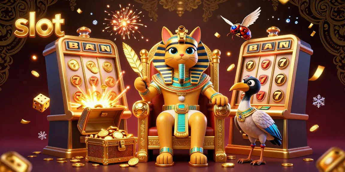 Spin the vibrant slot machine amidst an Egyptian-themed 3D illustration with pharaohs and treasures.