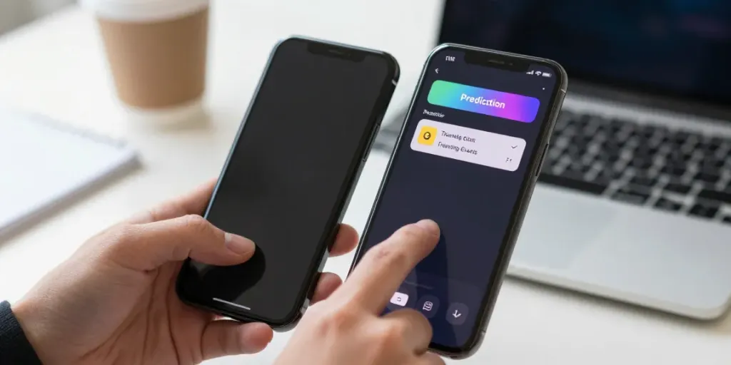 Close-up of smartphone displaying the ポイ活 アプリ prediction interface with user interaction.