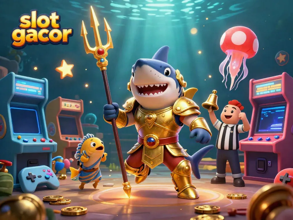 Menangkan jackpot di situs slot gacor dengan ilustrasi karakter hiu bertema kasino yang beraksi di arena bawah laut.