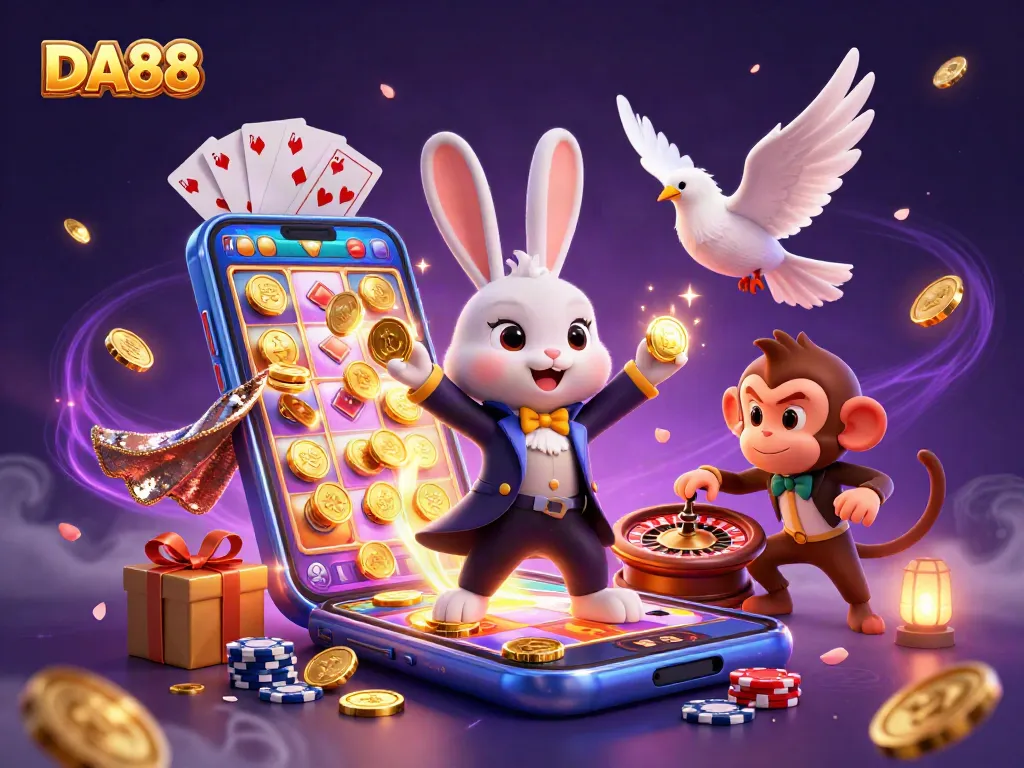 Engage with DA88 gaming excitement as a magician rabbit conjures coins amidst a thrilling casino setting.