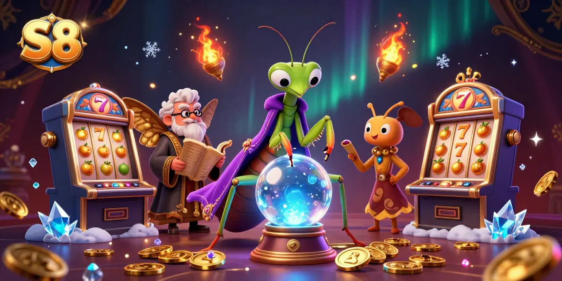 Engage in thrilling S8 slot games with a vibrant scene of fortune-telling characters and dynamic casino elements.