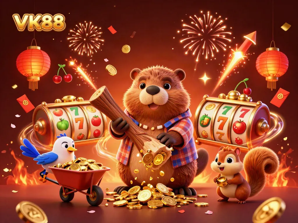 Join the fun as VK88 celebrates wins with beaver and friends collecting coins in a vibrant casino scene.