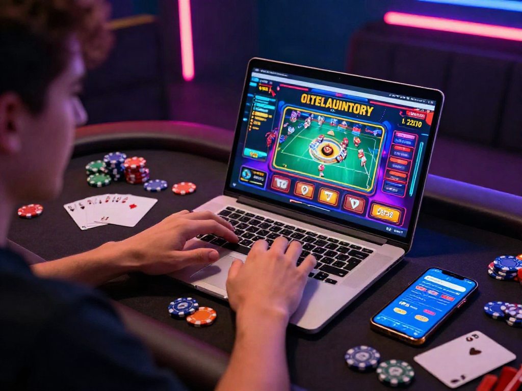 Engaging online gambling moment with rokok88 interface and colorful chips on the table.