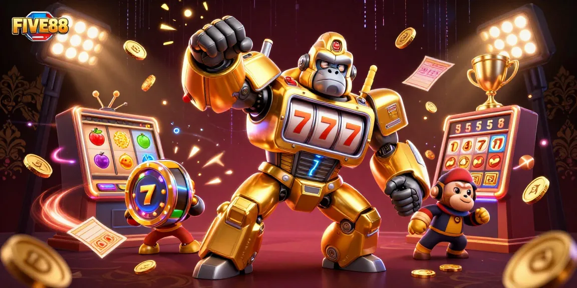 Experience excitement with FIVE88's dynamic 3D illustration of a golden gorilla mech celebrating winning slot reels and coins.