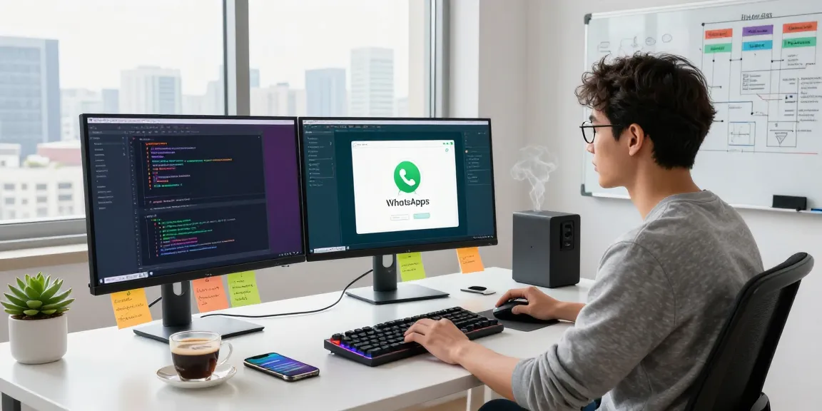 Developer integrating WhatsApp電腦版 in a modern workspace with multiple screens and tech gadgets.