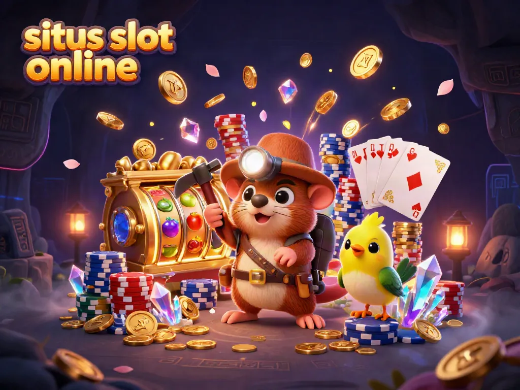 Pemain menggunakan situs slot online dengan simbol jackpot dan koin berkilau.