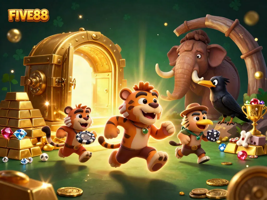 Experience the thrill of FIVE88 with a vibrant prehistoric casino scene featuring lively characters and dazzling game elements.