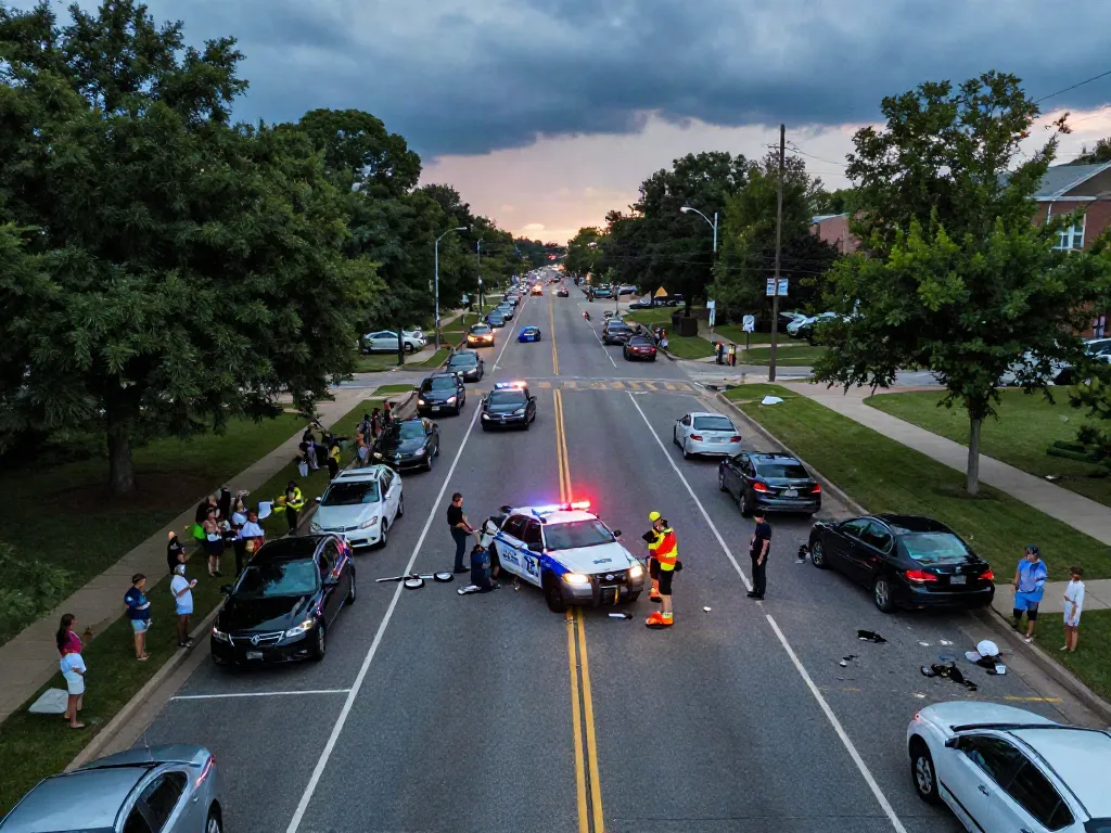 Cobb County DUI with accident scene featuring emergency responders, police presence, and vehicle damage during late afternoon.