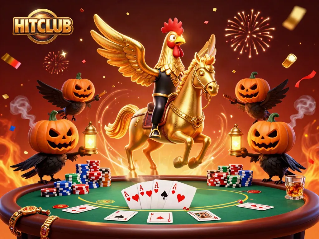 HITCLUB showcases vibrant casino scene with a golden rooster and lively gaming elements amidst a midnight glow.