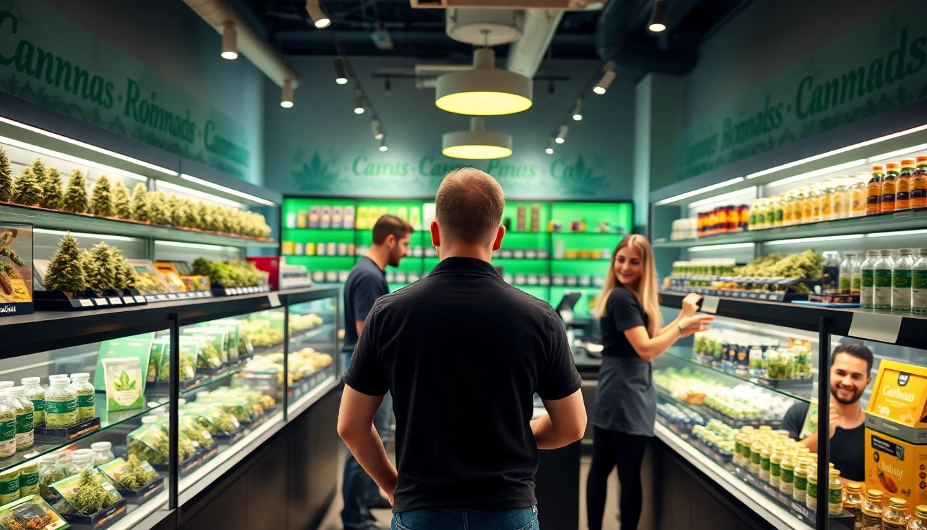 Shop for premium products at a modern pot shop online filled with vibrant cannabis displays.