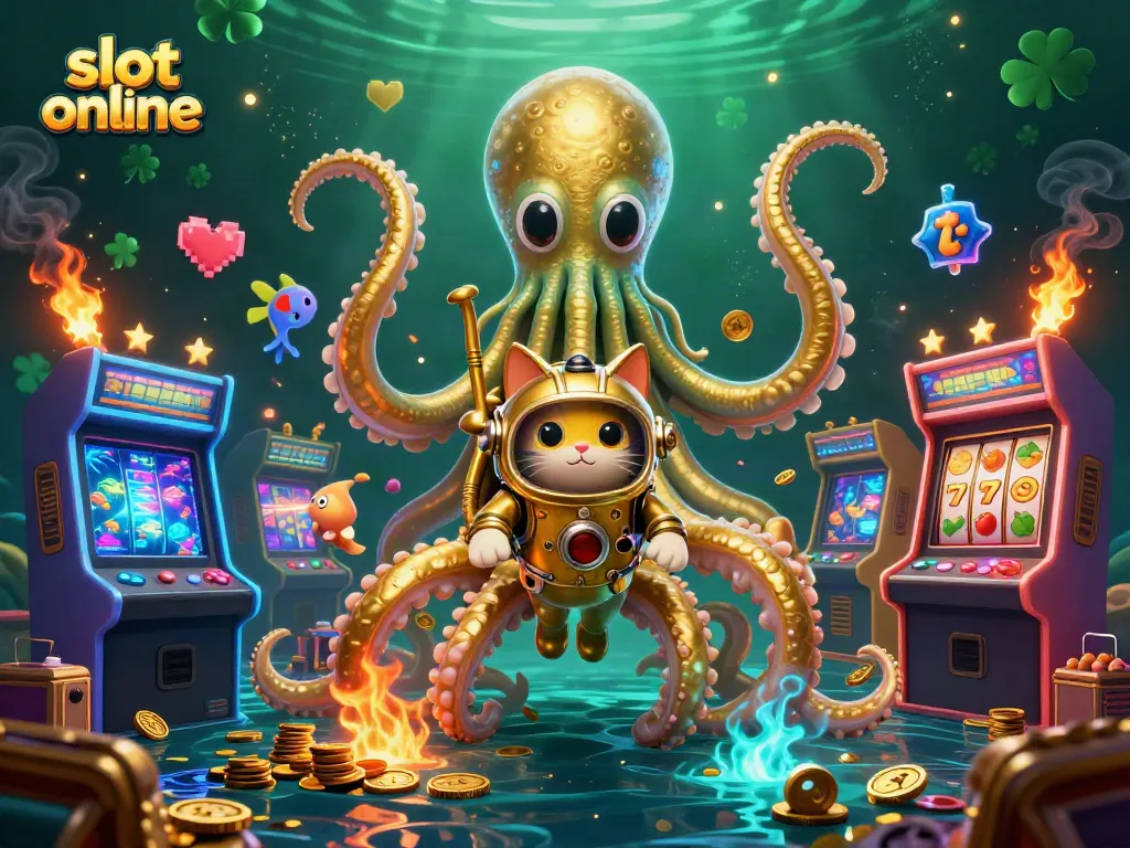 Spin big wins at slot online with vibrant visuals of a kraken, diving cat, and arcade games.