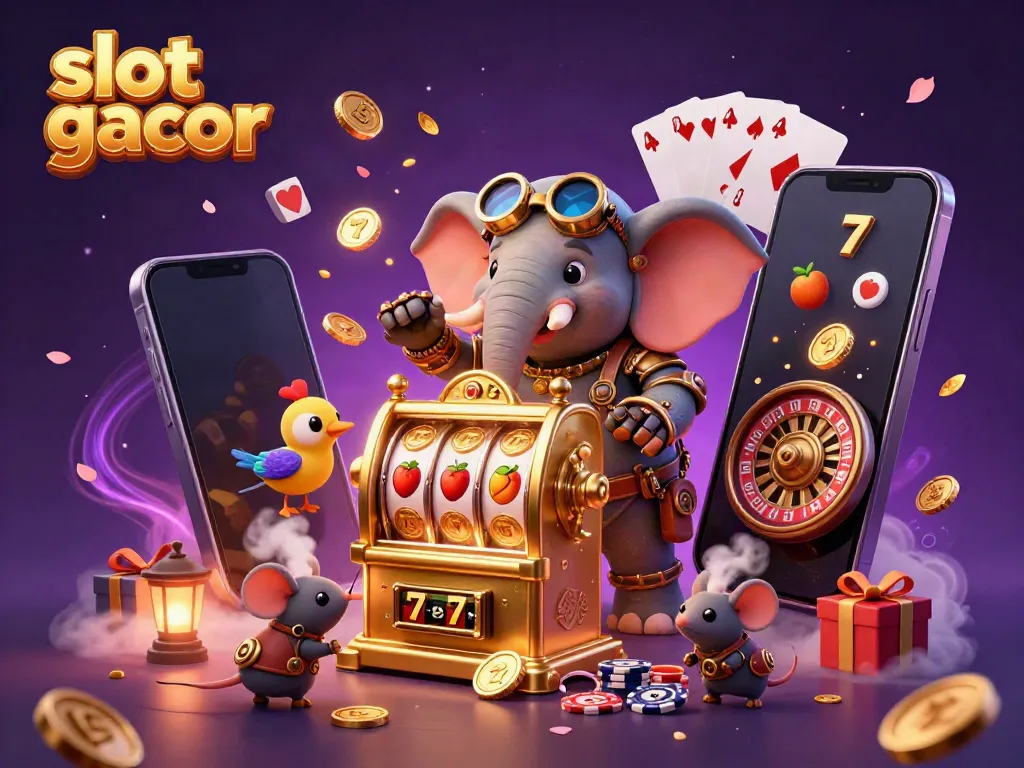 Menangkan slot gacor dengan ilustrasi 3D animasi jaguar memutar mesin slot dan dikelilingi oleh elemen permainan kasino.