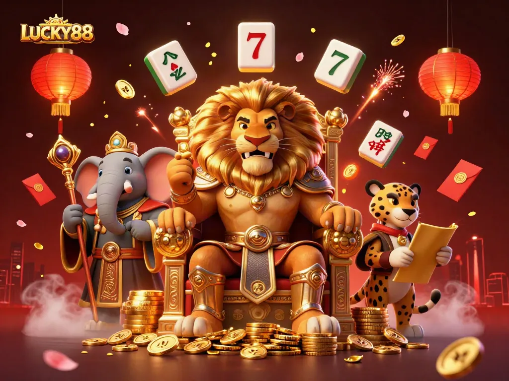 Experience LUCKY88's thrilling world with a regal king, wise advisor, and energetic messenger in a dynamic casino scene.