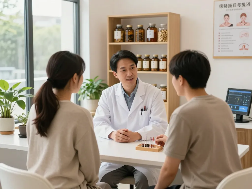 수원한의원 interior with healthcare professional consulting patient in a calming environment