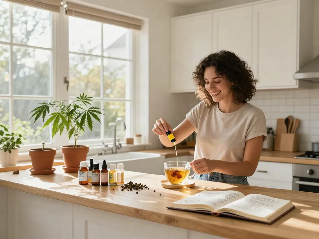 Online dispensary that ships to all states featuring a woman enjoying CBD oil in her morning tea with hemp plants and wellness items.