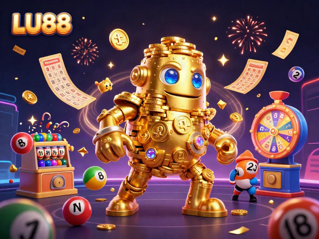 Engage with LU88's vibrant casino ambiance featuring dynamic lottery elements and a golden golem.