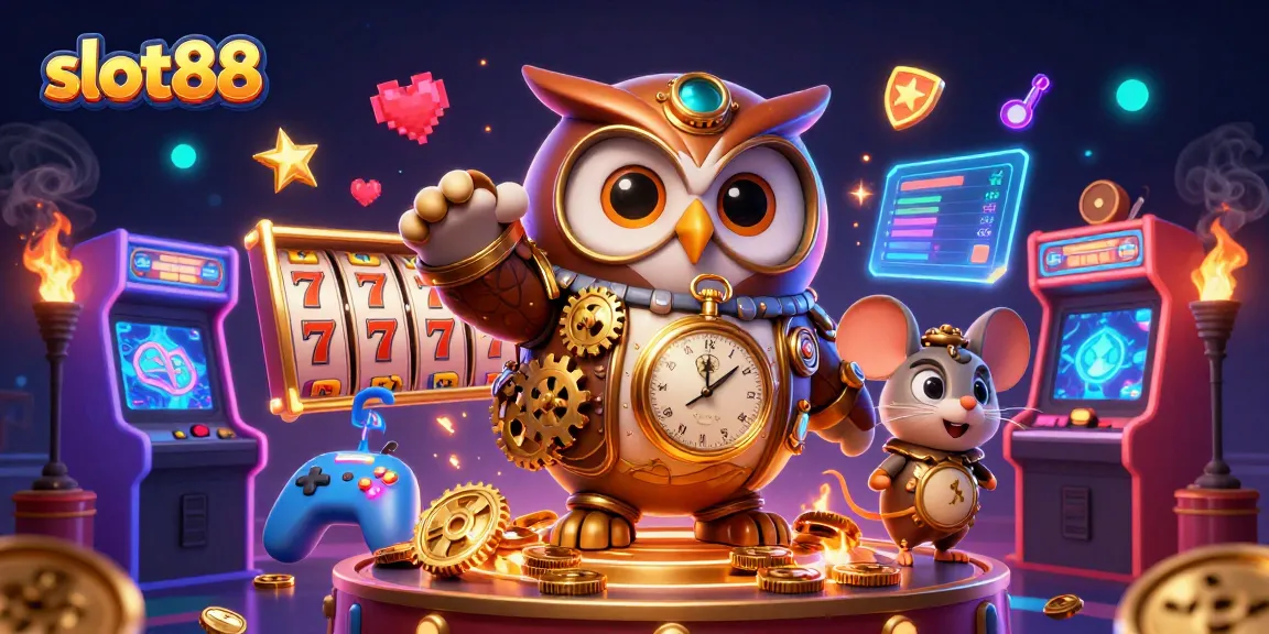 Spin and win at slot88 with vibrant 3D casino elements, featuring a steampunk owl and jackpots.