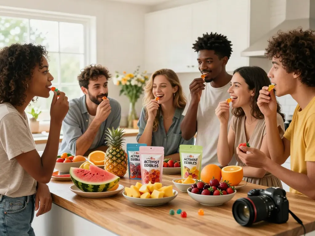 Activist Edibles gummies shared among friends in a vibrant kitchen.