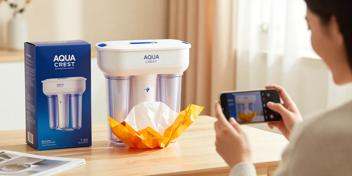 AQUA CREST Multiple-Stage Water Filters showcased in an unboxing scene, emphasizing online shopping, product review, and best deals on e-commerce platforms.