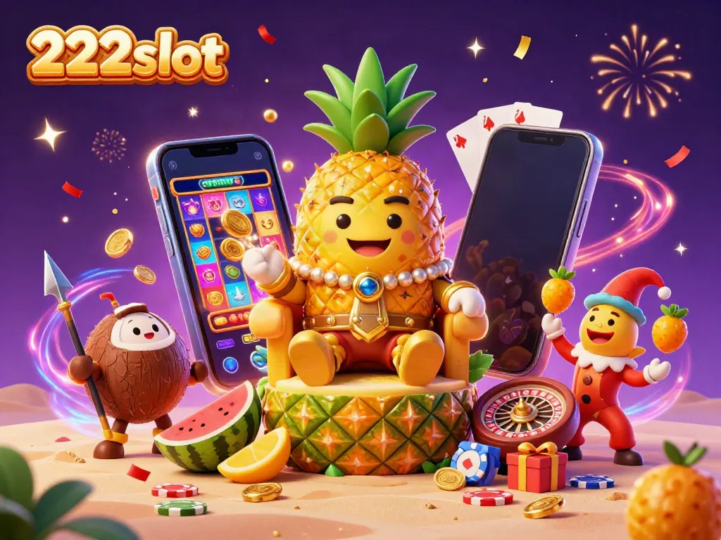 Menangkan hadiah di 222slot sambil bermain slot online dengan karakter lucu di latar pantai yang meriah.