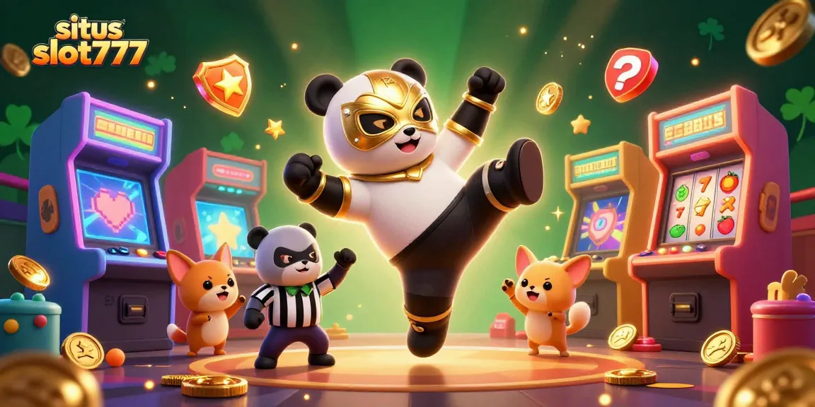 Visualisasikan situs slot777 dengan karakter kartun panda bertarung di kasino bersama mesin slot.
