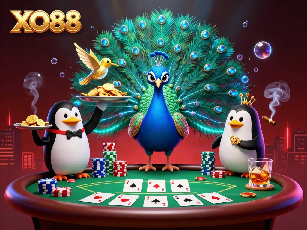 Experience thrilling bets at XO88 with exciting poker action and vibrant characters in a lavish casino.